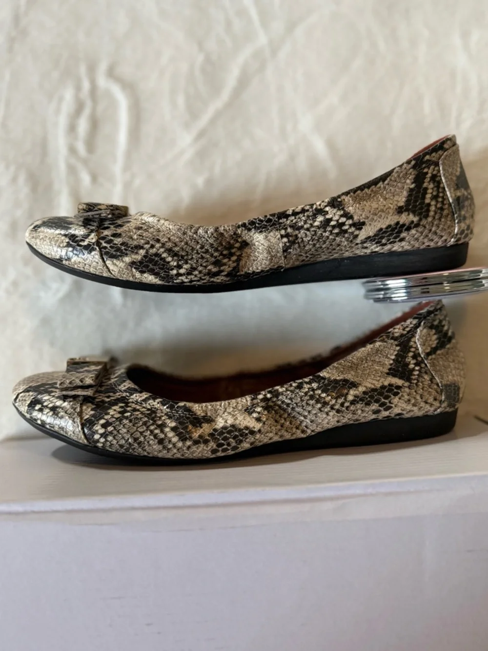 Cole Haan Ballet Flats Bow Detail Snake Print in Black and Cream 7.5